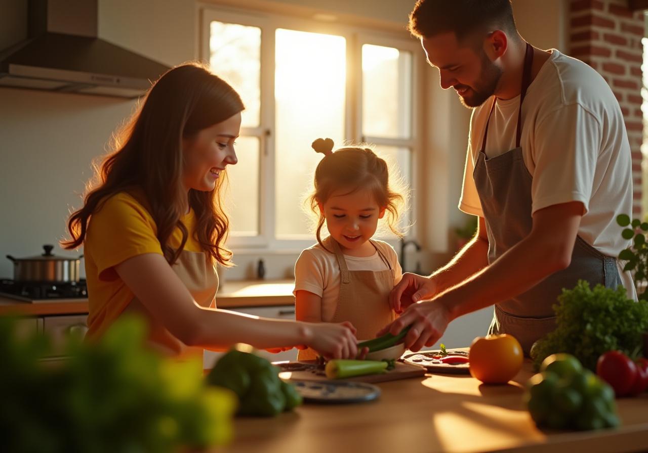Happy family laughing while prepping vegetables in a sun-drenched New York kitchen