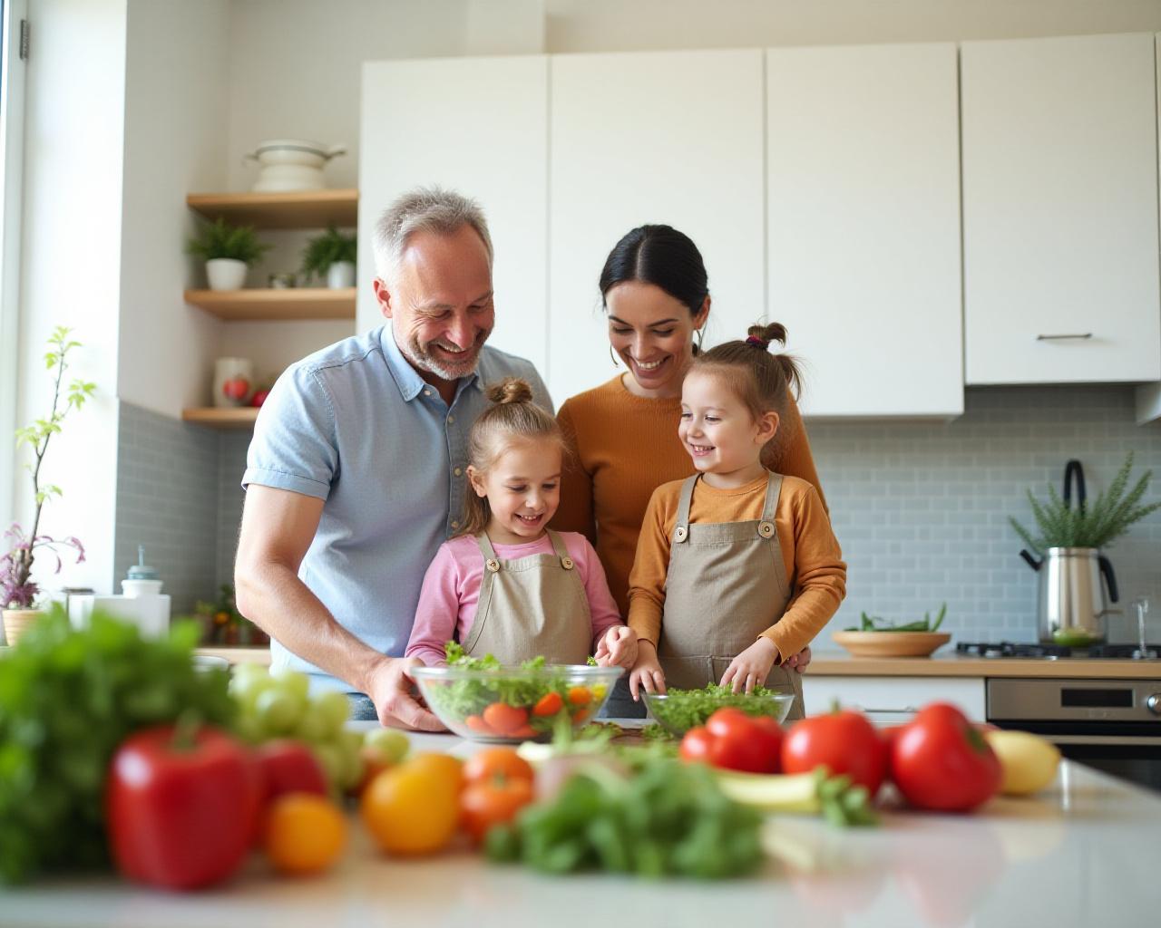 A happy family preparing a colourful salad together in a modern New York kitchen