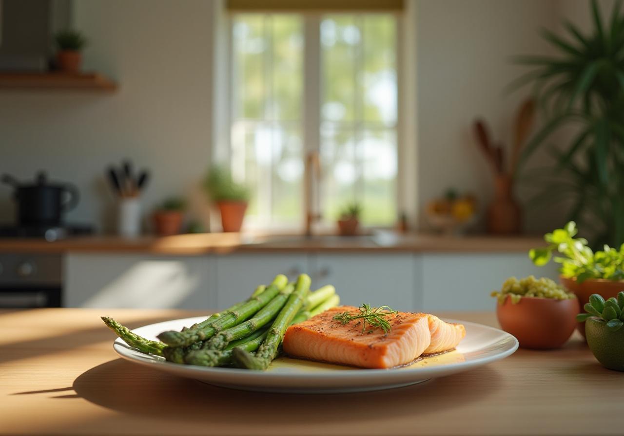 Healthy prepared family meal on a bright kitchen table