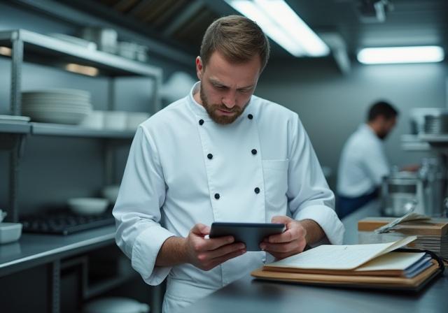 Professional chef reviewing recipe guidelines in a sunlit kitchen