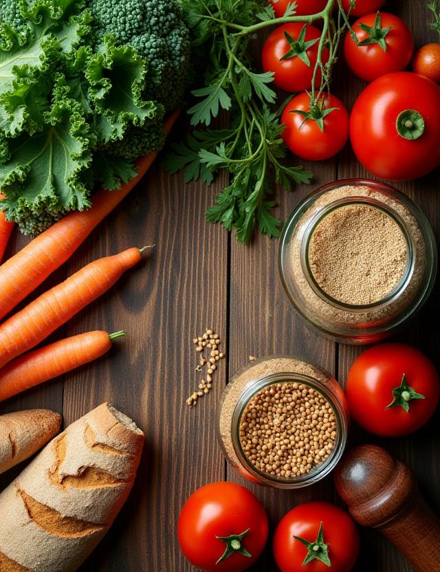 Seasonal fresh vegetables and pantry staples